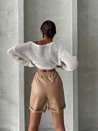 Beli lastikli duble paça deri şort bej w24755