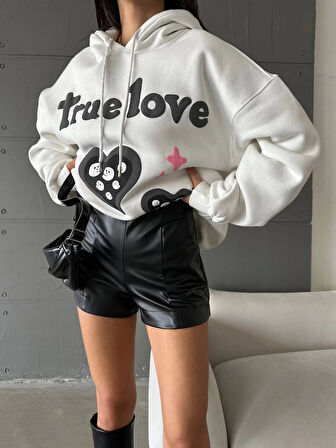 3 iplik şardonlu oversize compact true baskılı sweat Beyaz