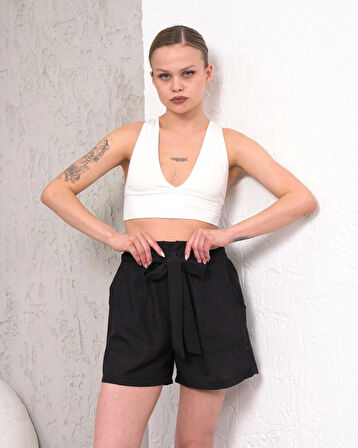 Kuşaklı keten şort siyah s255265