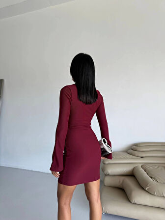 Prenses kol esnek kumaş elbise bordo f2334