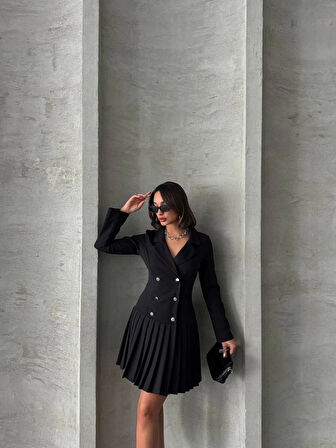 Altı piliseli uzun kollu ceket elbise siyah s255016