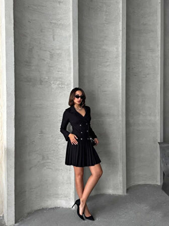 Altı piliseli uzun kollu ceket elbise siyah s255016