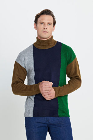 Erkek Haki-Lacivert Oversize Fit Bol Kesim Tam Balıkçı Yaka Triko Kazak