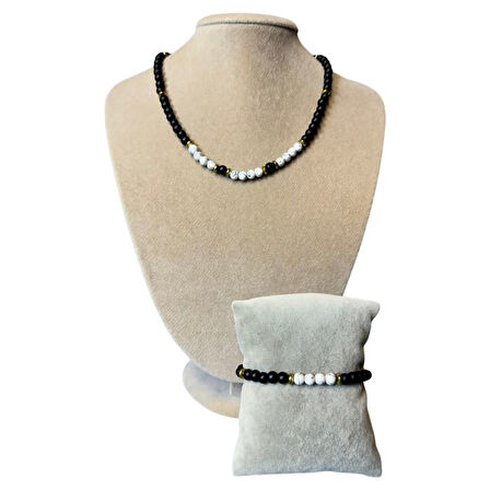Uretti - Özlem 9422 4043 El Yapımı Oniks ve Havlit Doğal Taş Kolye ve Bileklik Set