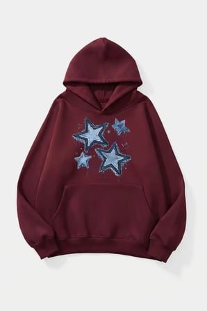 Unisex Yumuşak Dokulu Denim Yıldızlar Baskılı Tasarım Oversize 3 İplik Hoodie Sweatshirt