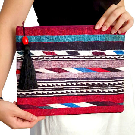 Uretti - Sümeyya 2589 9816 El Yapımı Etnik Kilim Desen Bordo Boncuk İşlemeli Siyah Püsküllü Clutch Çanta