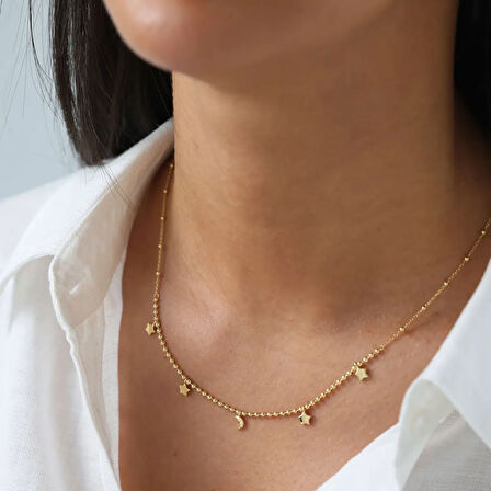 Nisera Charm Sallantılı Ay ve Yıldız Altın Kolye