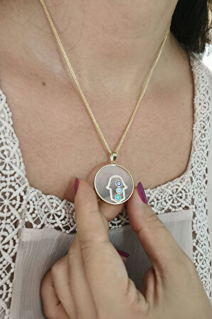 Altın Fatma Ana Eli Camlı Tasarım Kolye