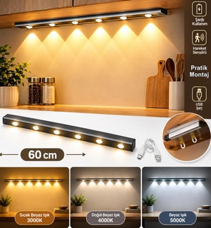 60 CM Dim AYARLI 3 Renk Ayarlı Şarjlı Hareket Sensörlü 60cm Led Işık Tezgah-Koridor-Ev-Kamp-Merdiven