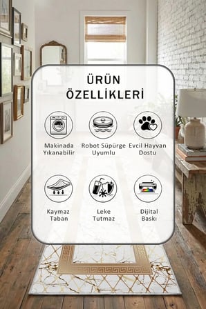 Yıkanabilir Kaymaz Ajda Vizon Ortası Beyaz Dijital Baskılı Yolluk Halı Tüy Tutmaz Beyaz Viz