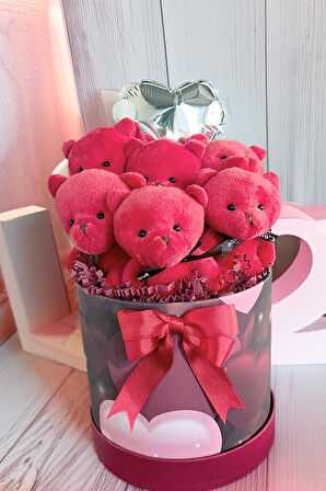 Premium Özel Kalpli Silindir Kutusunda, Kalpli Balonlu LED Işıklı 6’lı Kırmızı Ayıcık Buketi