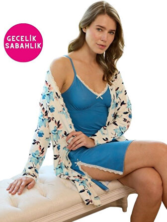 Kadın Çiçekli İp Askılı İnce Dantel Detaylı Çift Taraf Yırtmaçlı 2li Mini Gecelik Sabahlık-Çeyizlik