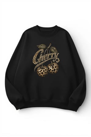 Unisex Yumuşak Dokulu Leopar Cherry Baskılı Tasarım Oversize 3 İplik Bisiklet Yaka Sweatshirt