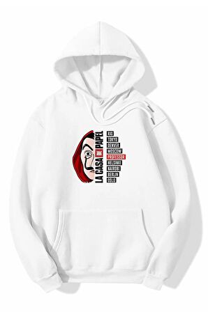 Oversize Unisex La Casa De Papel Beyaz Kapüşonlu Pamuk Sweatshirt