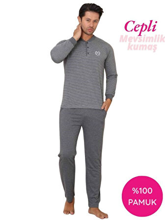 Erkek 3 Düğmeli Çizgi Desenli %100 Pamuk Uzun Manşetli Kol Cepli Pijama Takımı 