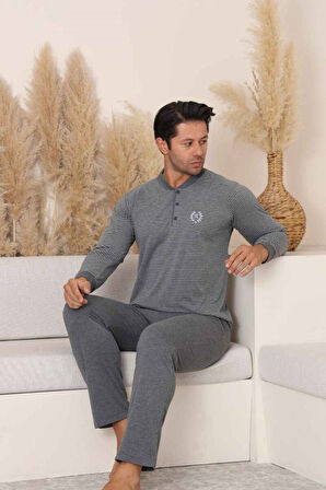 Erkek 3 Düğmeli Çizgi Desenli %100 Pamuk Uzun Manşetli Kol Cepli Pijama Takımı 