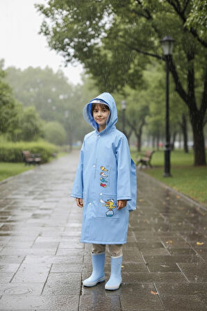 EVA Kumaş Kapüşonlu Desenli Cepsiz Çıtçıtlı Çocuk Yağmurluğu Çanta Koruyuculu Çocuk Yağmurluk