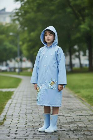 EVA Kumaş Kapüşonlu Desenli Cepsiz Çıtçıtlı Çocuk Yağmurluğu Çanta Koruyuculu Çocuk Yağmurluk