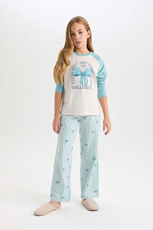 DeFacto Kız Çocuk Pijama Takımı Bisiklet Yaka Baskılı Uzun Kollu Üst Çizgili Uzun Alt D6059A824AUGN1209