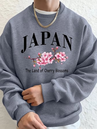 Japonya Kiraz Çiçekleri Ülkesi Baskılı Erkek Kapüşonlu Üstleri Sonbahar Bol Sweatshirt Temel