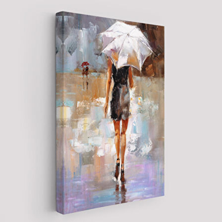 Yağmurda Yürüyen Kadın Yağlıboya Görünüm Dekoratif Kanvas Duvar Tablosu-5928