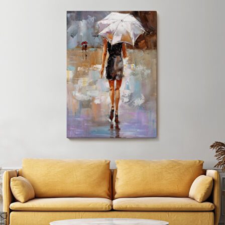 Yağmurda Yürüyen Kadın Yağlıboya Görünüm Dekoratif Kanvas Duvar Tablosu-5928