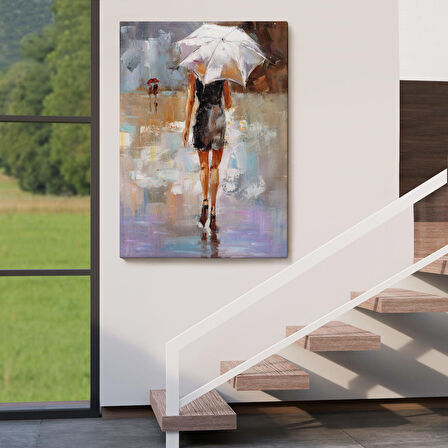 Yağmurda Yürüyen Kadın Yağlıboya Görünüm Dekoratif Kanvas Duvar Tablosu-5928