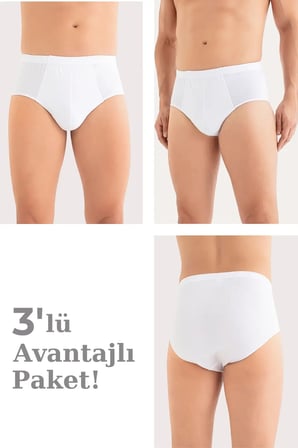 Rahat Kesim Klasik Slip Esnek Çamaşır Erkek Pamuklu Külot Düz Beyaz Beli Lastikli 3'lü Paket