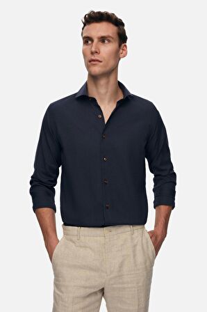 Ds Damat Slim Fit Lacivert İtalyan Yaka Kahverengi Düğmeli Gömlek 2HF02ORT3185