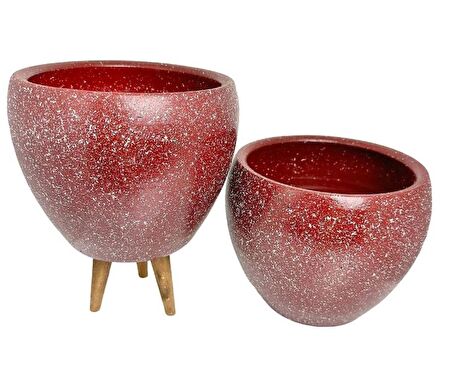 Ev Dekorasyon Bordo Granit Toprak Saksı Saksılık Salon Çiçeklik İkili Set Ayaksız - 3 Ayaklı- 15 CM