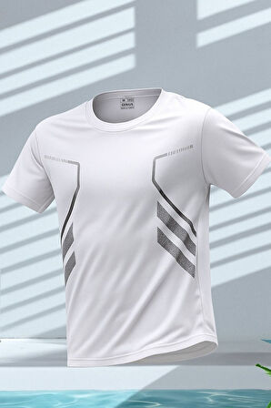 Erkek Spor Tişört Antreman Gym Polyester Erkek Sporcu T-shirt ŞERİTLİ-TİŞÖRT