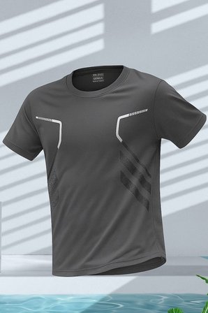 Erkek Spor Tişört Antreman Gym Polyester Erkek Sporcu T-shirt ŞERİTLİ-TİŞÖRT