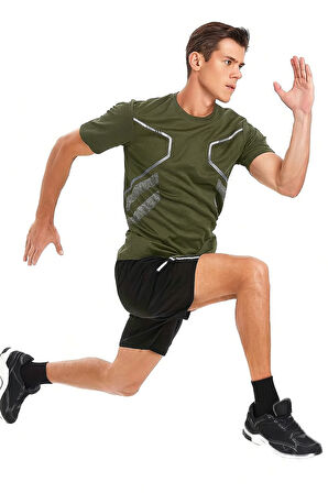 Erkek Spor Tişört Antreman Gym Polyester Erkek Sporcu T-shirt ŞERİTLİ-TİŞÖRT