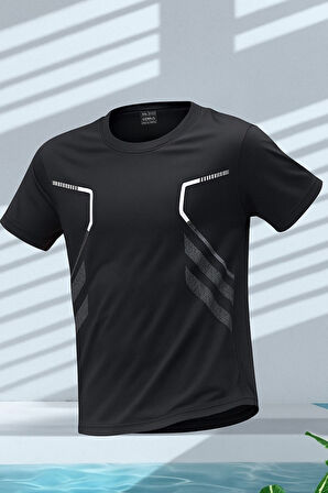 Erkek Spor Tişört Antreman Gym Polyester Erkek Sporcu T-shirt ŞERİTLİ-TİŞÖRT