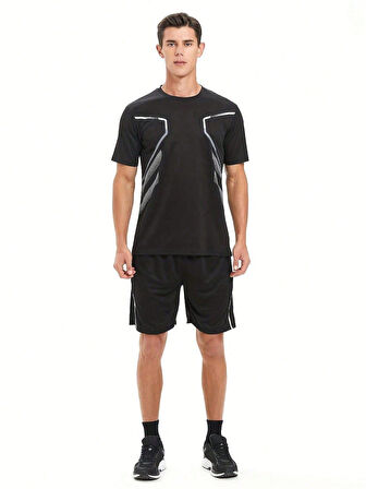Erkek Spor Tişört Antreman Gym Polyester Erkek Sporcu T-shirt ŞERİTLİ-TİŞÖRT