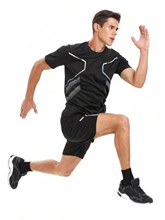 Erkek Spor Tişört Antreman Gym Polyester Erkek Sporcu T-shirt ŞERİTLİ-TİŞÖRT