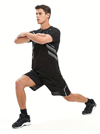 Erkek Spor Tişört Antreman Gym Polyester Erkek Sporcu T-shirt ŞERİTLİ-TİŞÖRT