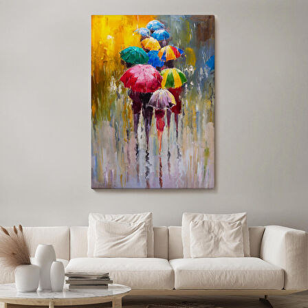 Renkli Şemsiyeler Yağlıboya Görünüm Dekoratif Kanvas Duvar Tablosu -5932