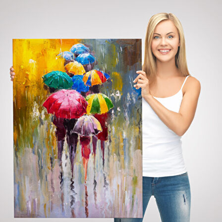 Renkli Şemsiyeler Yağlıboya Görünüm Dekoratif Kanvas Duvar Tablosu -5932