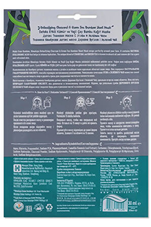 Detox Etkili Kağıt Maske Aktif Kömür Yeşil Çay Hyaluronik Asit Bambu Tüm Ciltler 4 Adet