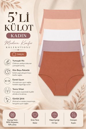 Kadın Külot Ekstra Yüksek Bel Lazer Kesim Esnek Iz Yapmayan 5 li Paket Polyester TARÇIN