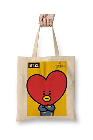 Bt21 Tata Bts Beyaz Bez Çanta Uzun Saplı Alışveriş Çantası Plaj Çantası