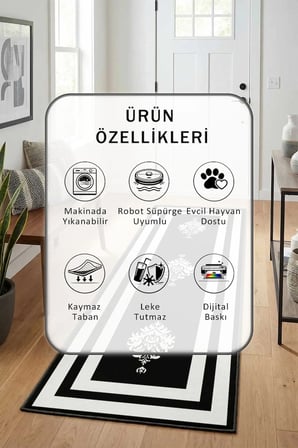 Black Punto Siyah Beyaz Yıkanabilir Kaymaz Taban Dijital Baskılı Yolluk Halı Beyaz Siyah