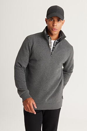 Erkek Antrasit-melanj Standart Fit Normal Kesim Içi Polarlı Bato Yaka Pamuklu Sweatshirt