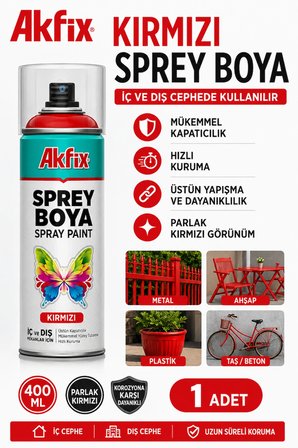 Akfix KIRMIZI Sprey Boya 400 ML İç Ve Dış Cepehede Kullanılır Mükemmel Kapatıcılık Hızlı Kuruma 1 Adet 