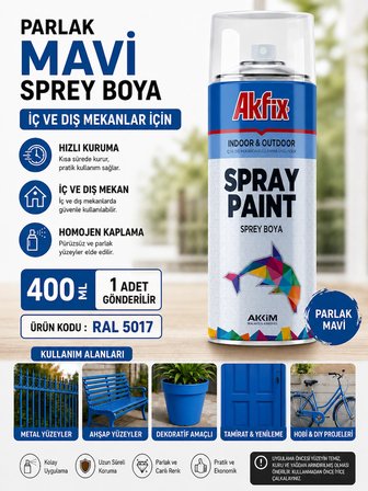 Akfix MAVİ Sprey Boya 400 ML İç Ve Dış Cepehede Kullanılır Mükemmel Kapatıcılık Hızlı Kuruma 1 Adet 