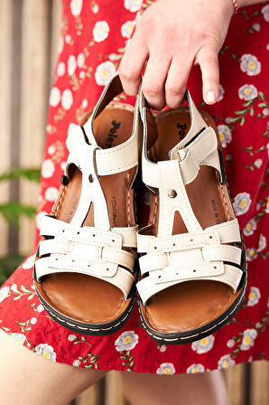 Günlük Kadın Sandalet Ayarlanabilir Tokalı Dikiş Detaylı Cırtlı Tırtıklı Taban Bantlı 59527