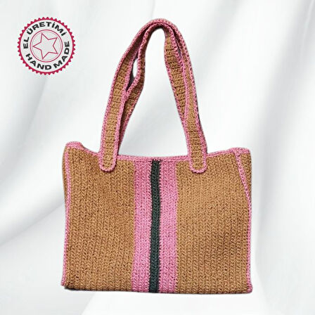 Uretti - Hüsniye 8494 1377 El Örgüsü Pembe Şerit Model Kağıt İp Kadın Omuz Çantası