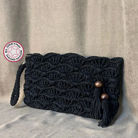 Uretti - Meryem 7194 - El Örgüsü Makrome İp Siyah Clutch Çanta
