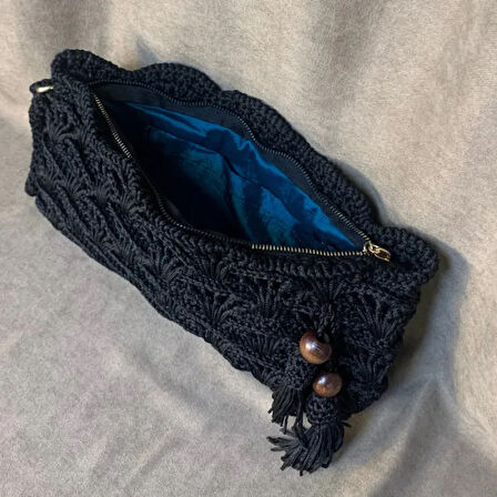Uretti - Meryem 7194 - El Örgüsü Makrome İp Siyah Clutch Çanta